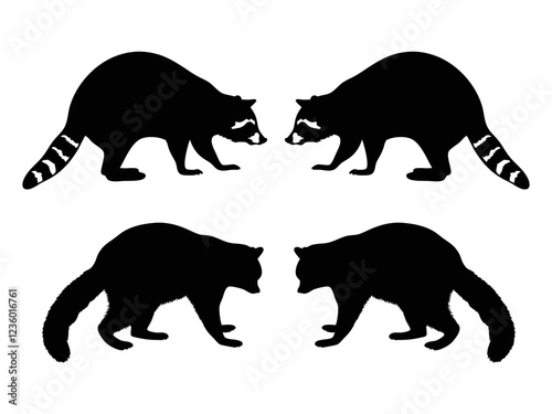 Raccoon black and white silhouette isolated on white background