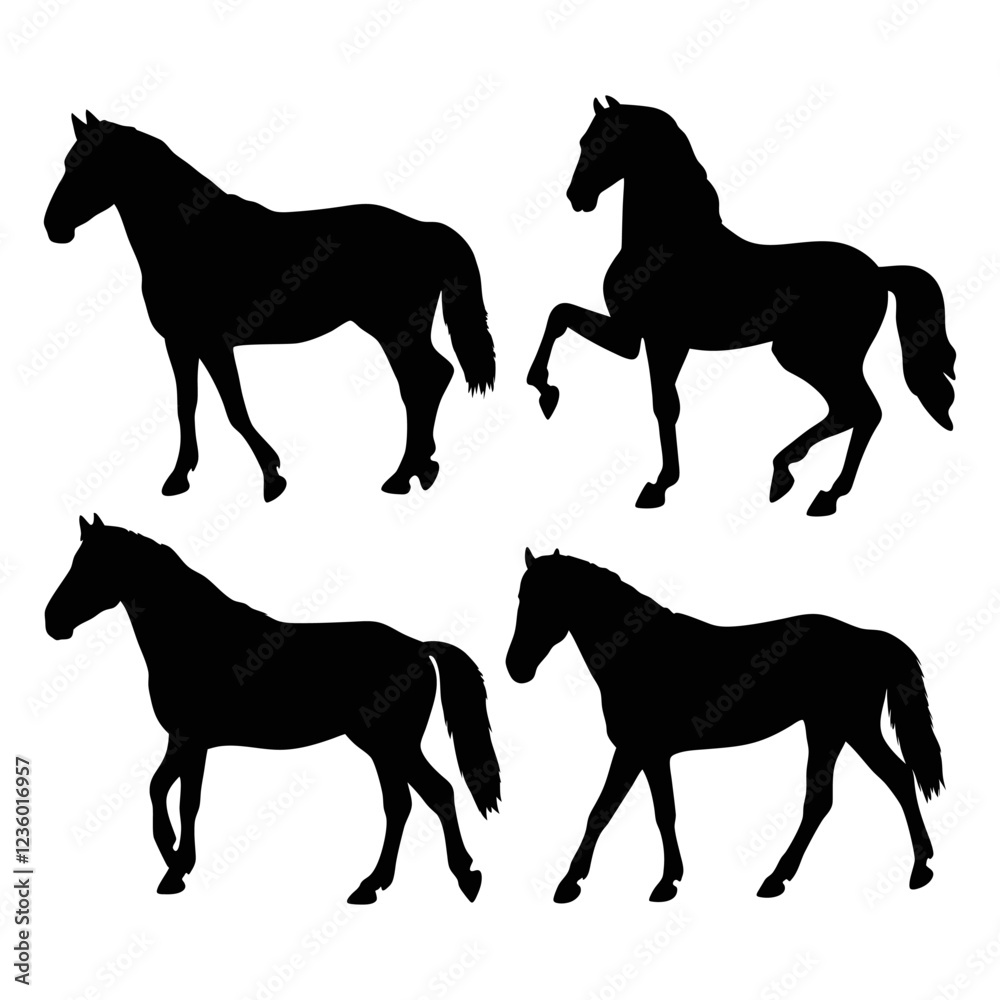 Set of four horse black and white silhouette illustration Set of four horse black and white silhouette illustration