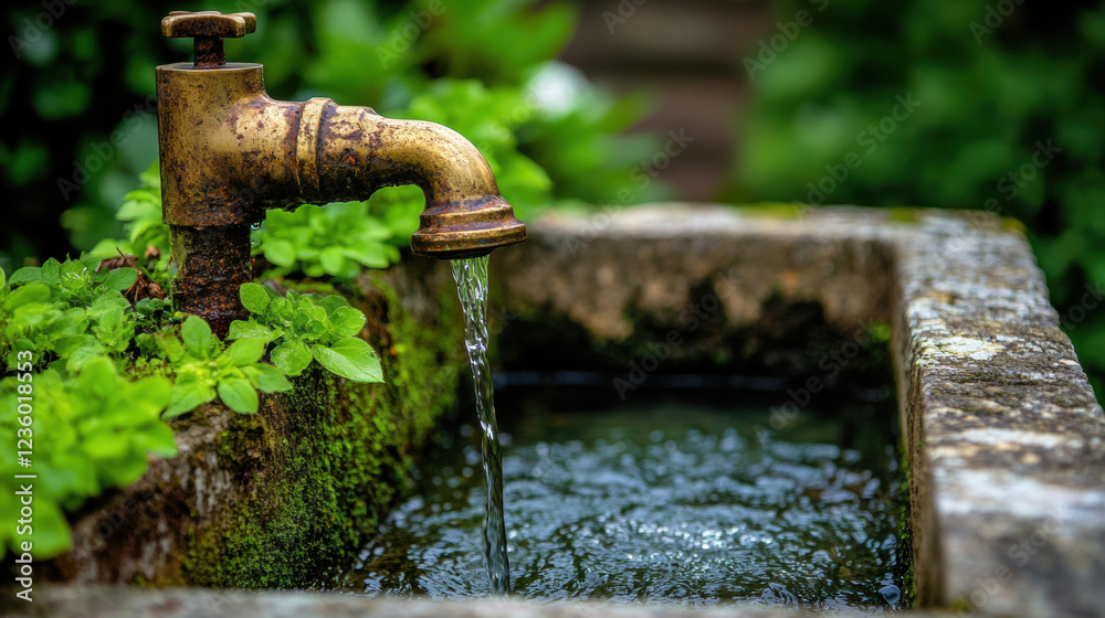 Abreuvoir, Close-up of a brass water spout pouring water, showcasing intricate details and high fidelity visual quality. Abreuvoir, Close-up of a brass water spout pouring water, showcasing intricate details and high fidelity visual quality.