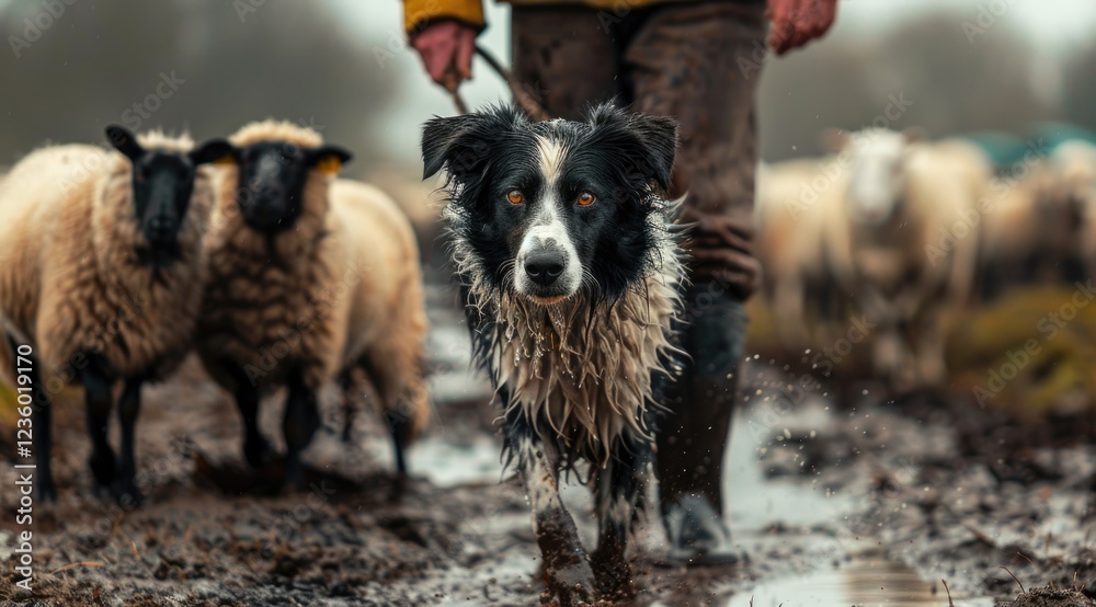 Black and white dog Border collie walking in mud by herd of sheep