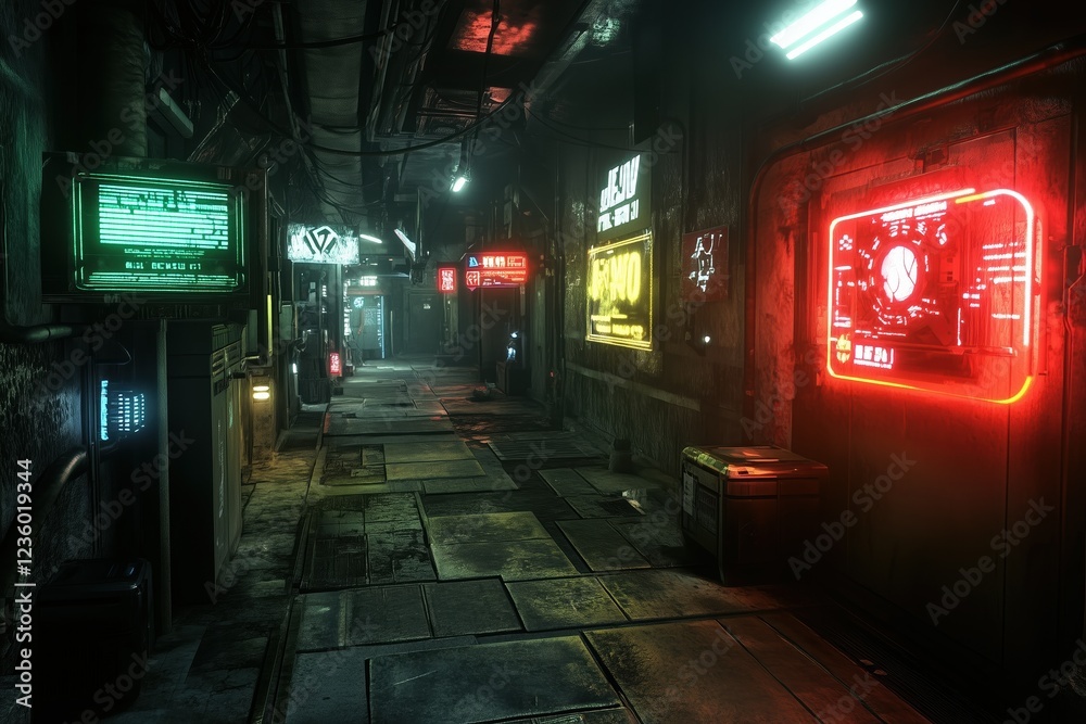 Naklejka premium Vibrant cyberpunk alleyway illuminated by neon lights in a futuristic city setting