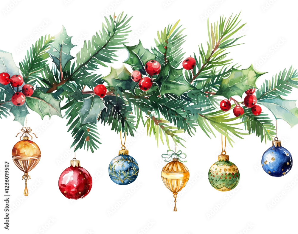 Naklejka premium Christmas Balls on Pine Branches and Holly Leaves, Christmas Decorations, New Year Decorations