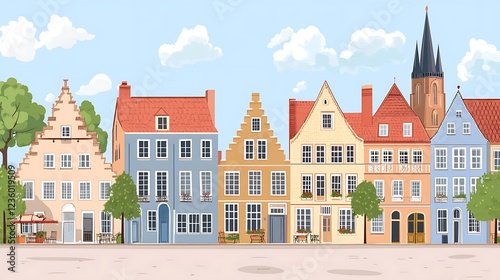 European townhouses. Colorful street scene. Illustration. Background buildings. Suitable for a travel brochure photo