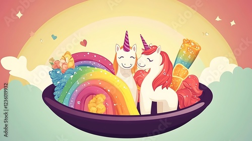 Cute unicorns in a rainbow bowl, dreamy scene photo