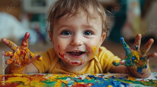 Wallpaper Mural Happy toddler with colorful paint on hands and face during art play Torontodigital.ca