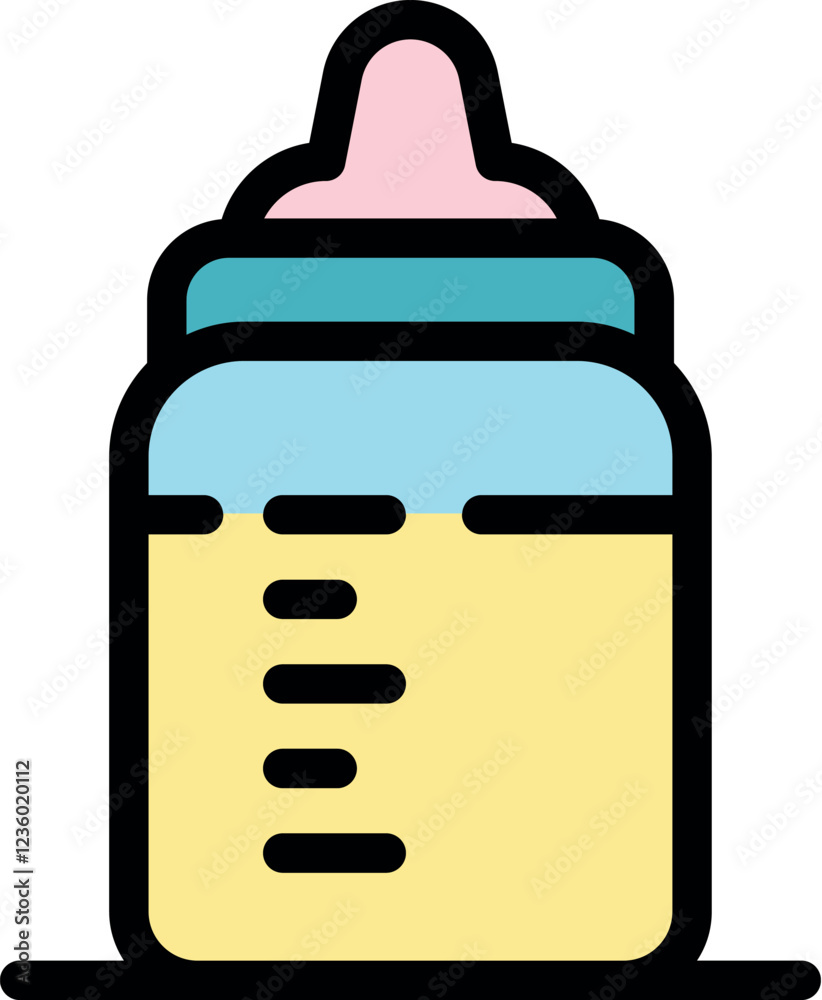 Illustrated baby bottle with a pink nipple and measurement lines