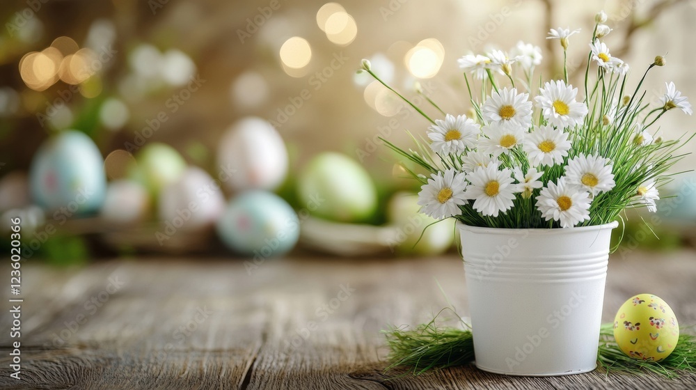 spring easter flowers in white bucket with pastel eggs spring easter flowers in white bucket with pastel eggs