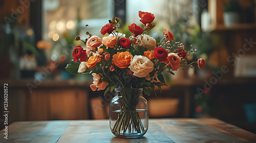 Ranunculus bouquet, shop display, wooden table, floral background, gift photo