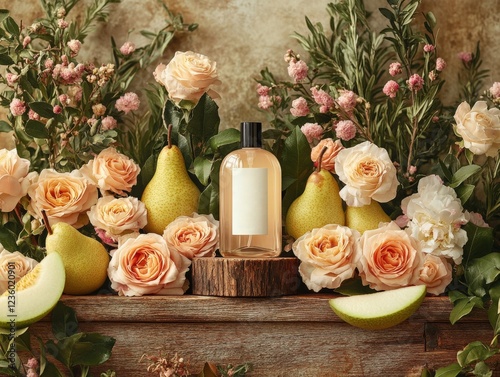 Elegant Floral Perfume Bottle with Fresh Pears and Roses in Nature