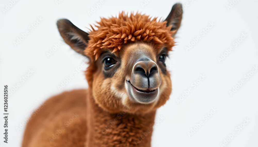 Obraz premium Adorable Brown Alpaca Portrait Against White Background
