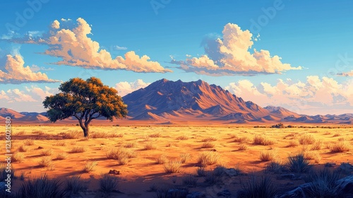Bright African Savanna Landscape with Dramatic Clouds and Lone Tree Against Majestic Mountain in Background Ideal for Gaming or Illustrative Use