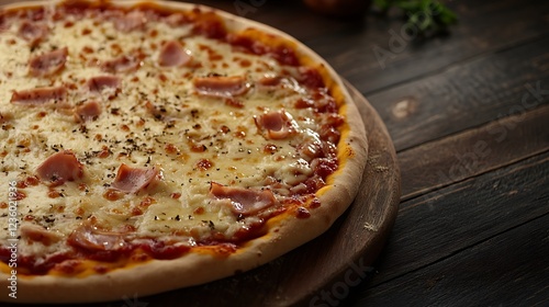 Delicious ham and cheese pizza on wooden board (1) photo