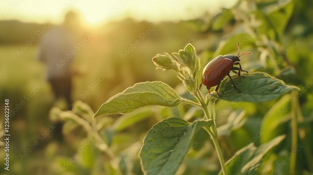 Red Beetle On Green Plant At Sunset In Field Red Beetle On Green Plant At Sunset In Field