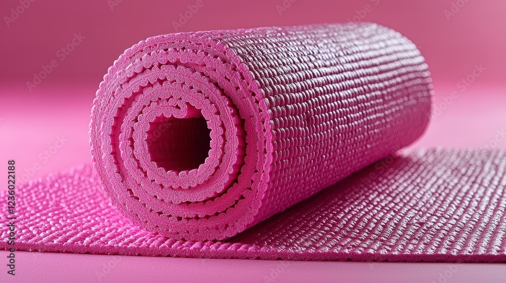 Rolled pink yoga mat on pink background, fitness