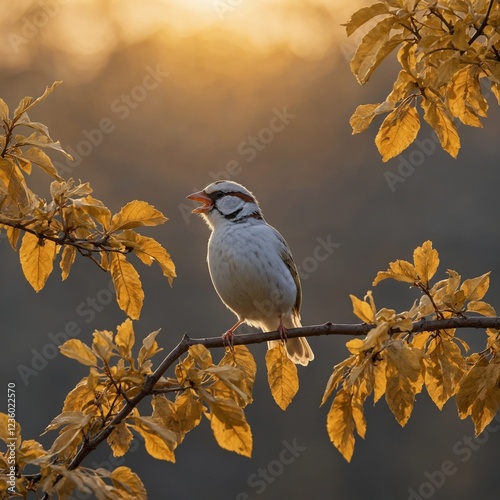 A white sparrow singing on the branch of a golden-leafed tree at sunrise.