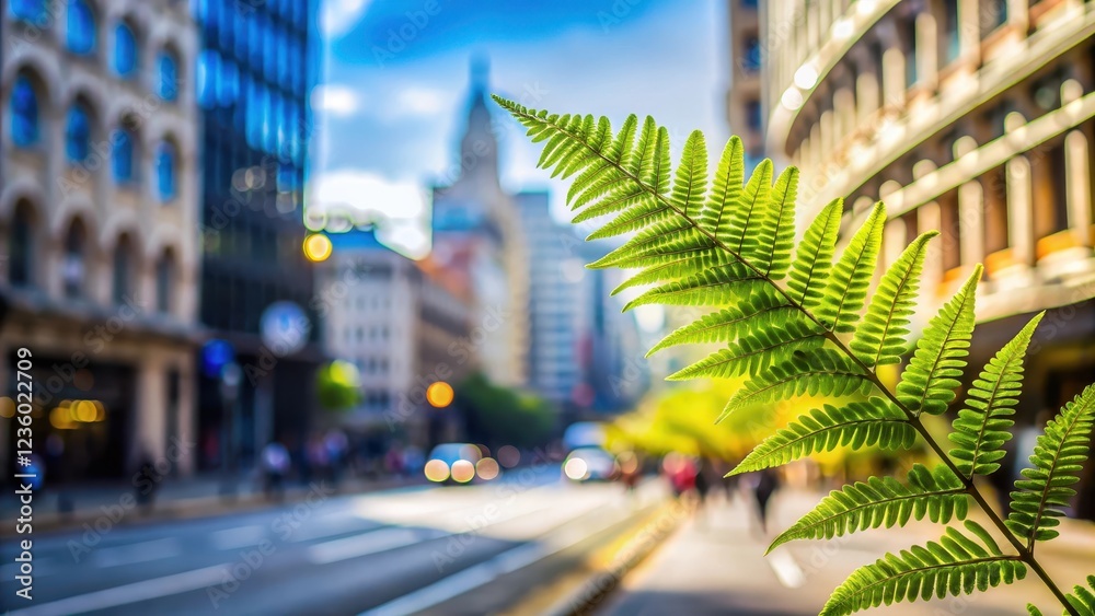 Naklejka premium A fern fronds swaying in a gentle breeze amidst a noisy urban environment