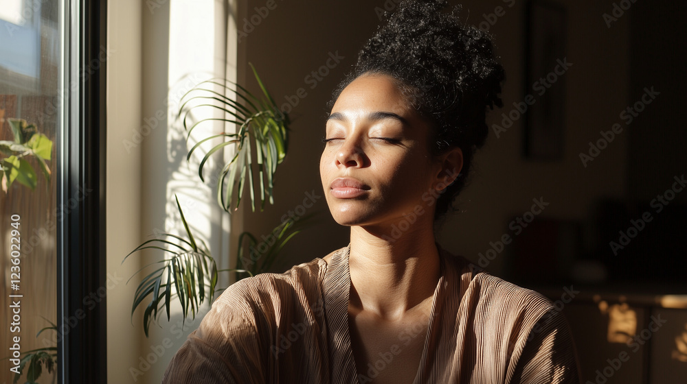 A serene portrait of a young woman enjoying sunlight indoors, her eyes closed in peaceful meditation. The soft natural light highlights her glowing skin and creates gentle shadows. The lush green plan