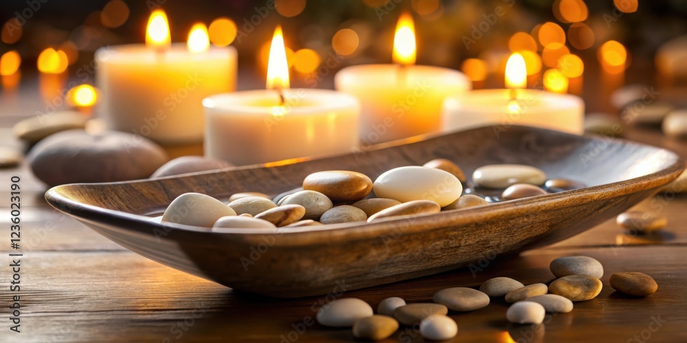 Obraz premium A wooden bowl filled with smooth stones and water, surrounded by candles and bathed in warm, golden light.