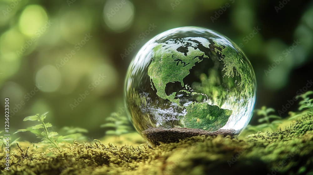 A glass globe on the grass, with a map and trees A glass globe on the grass, with a map and trees