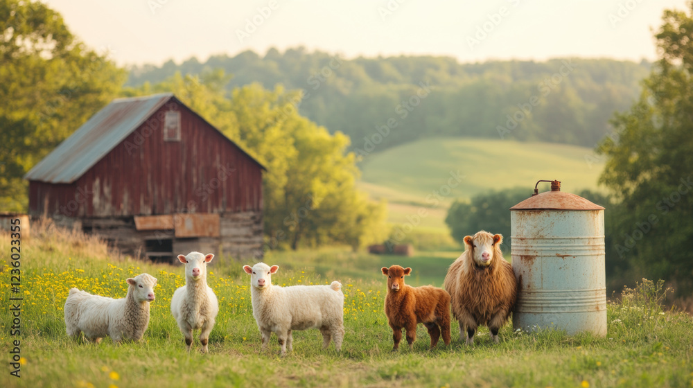Obraz premium Abreuvoir, A vibrant summer scene featuring farm animals, highlighting the beauty of rural life in high fidelity.
