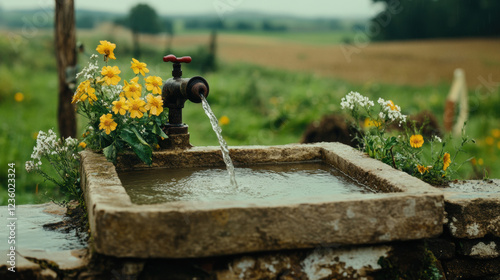 Abreuvoir, A vintage water trough featuring a hand pump set in a countryside setting, captured in high fidelity, suitable for various creative projects.