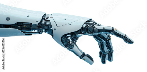 Futuristic robotic hand with mechanical fingers, isolated on transparent cutout background