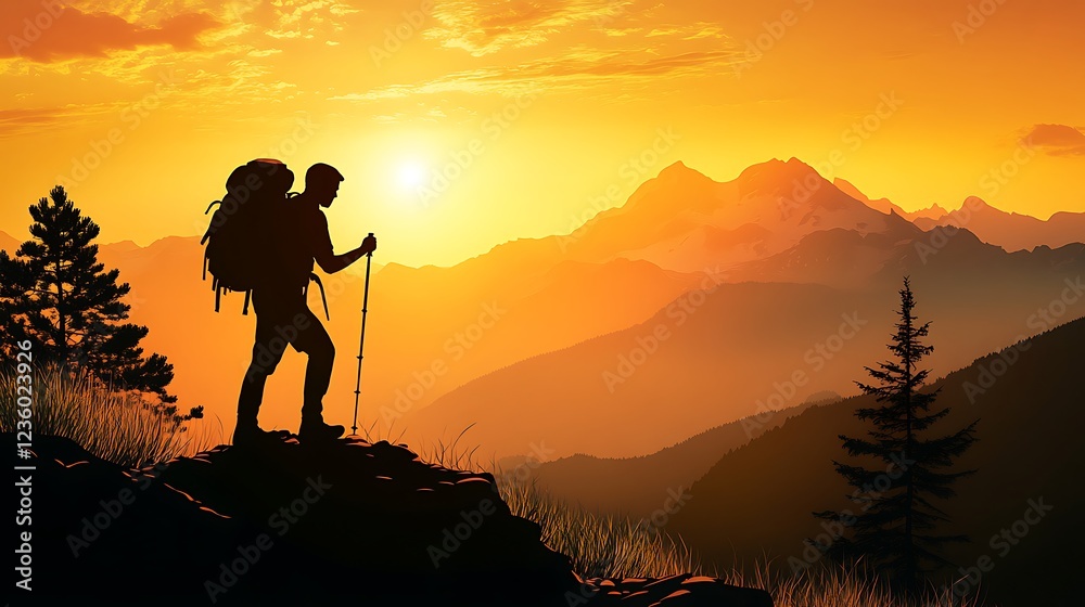Fototapeta premium Silhouette hiker on mountain at sunrise. Hiking adventure