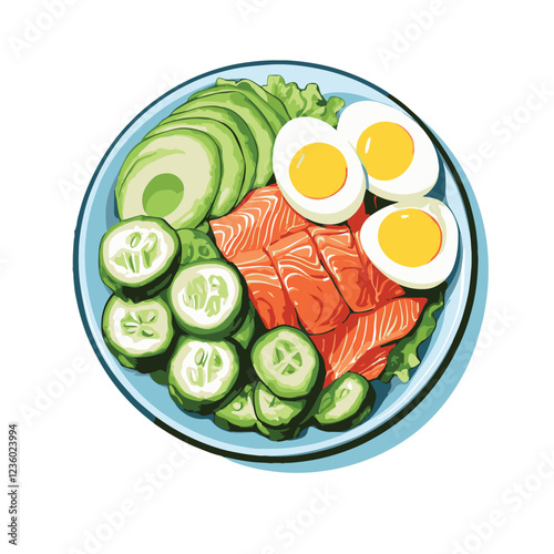 A plate of avocado cucumber and salmon 