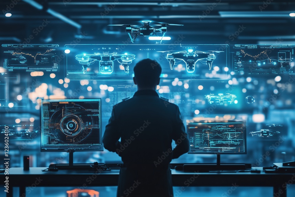 Futuristic drone control center with advanced technology and data analysis Futuristic drone control center with advanced technology and data analysis