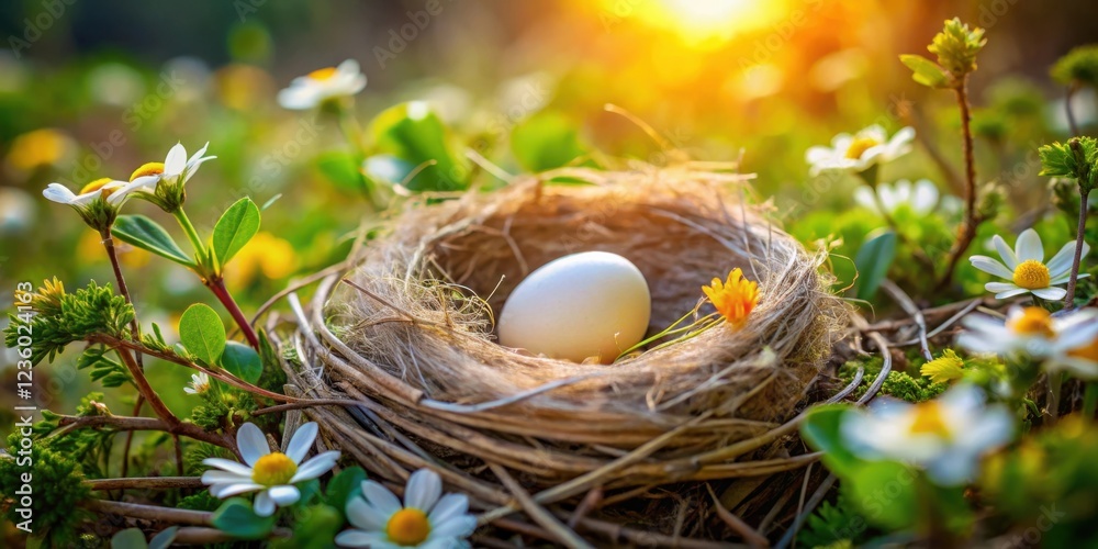 A single egg nestled in a delicate bird's nest amidst a field of blooming daisies bathed in the warm glow of the setting sun. A single egg nestled in a delicate bird's nest amidst a field of blooming daisies bathed in the warm glow of the setting sun.