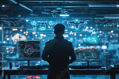 Futuristic drone control center with advanced technology and data analysis