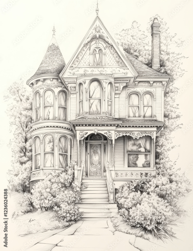 Victorian house illustration with intricate details, surrounded by trees and shrubs, showcasing architectural beauty and charm Victorian house illustration with intricate details, surrounded by trees and shrubs, showcasing architectural beauty and charm