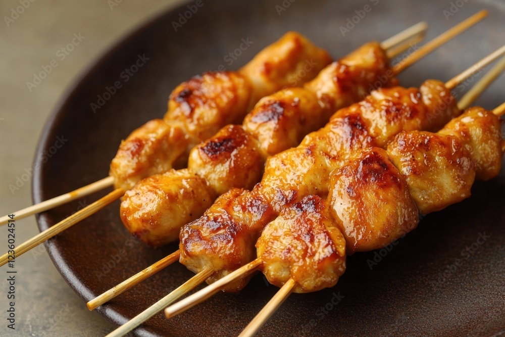 Grilled Chicken Yakitori Skewers on Dark Plate Grilled Chicken Yakitori Skewers on Dark Plate