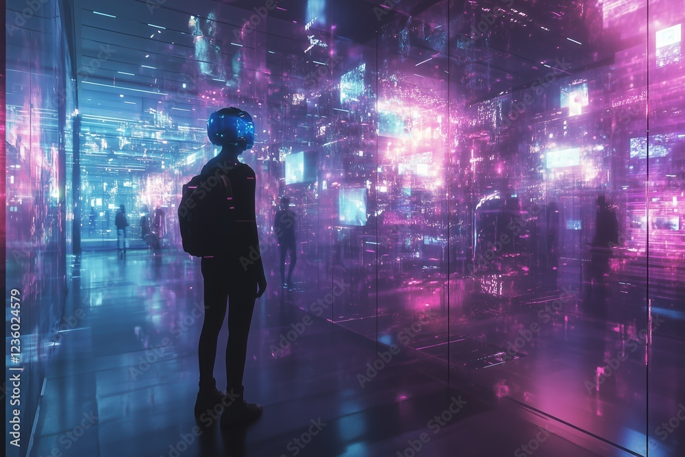 Explore the vibrant futuristic holographic art gallery in a digital landscape