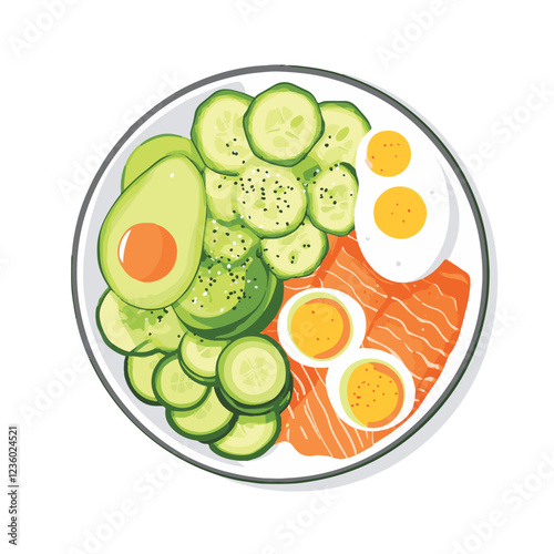 A plate of avocado cucumber and salmon 