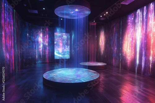 Futuristic holographic art gallery with immersive light displays and interactive features