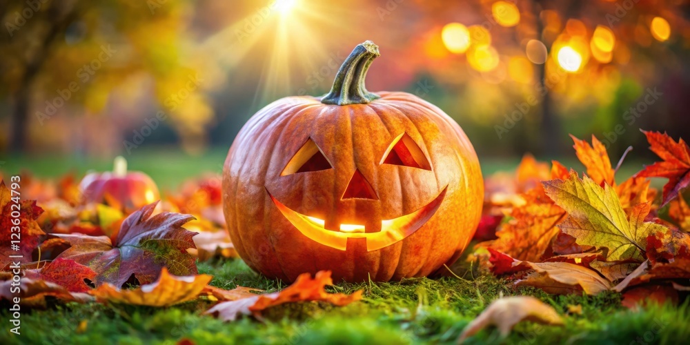 A glowing jack-o-lantern amidst a bed of autumn leaves, bathed in the warm light of the setting sun. A glowing jack-o-lantern amidst a bed of autumn leaves, bathed in the warm light of the setting sun.