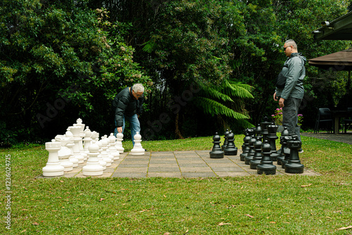 Father and son bonding through playing chess outdoors, Great Otway National Park, Victoria, Australia photo