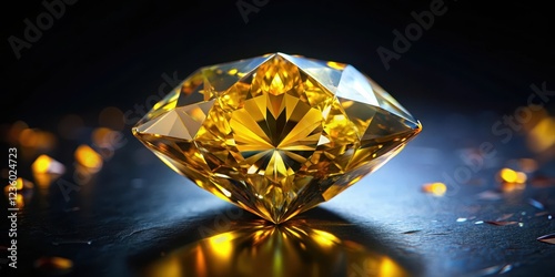 Close-up of a bright yellow diamond gemstone sitting on a dark and mysterious background, with subtle reflections and a sense of luxury, luxury, value