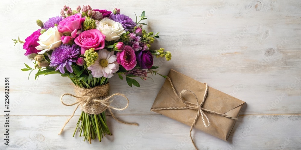 A colorful bouquet of pink, white, and purple flowers tied with twine rests on a white wooden surface, accompanied by a rustic brown envelope sealed with twine A colorful bouquet of pink, white, and purple flowers tied with twine rests on a white wooden surface, accompanied by a rustic brown envelope sealed with twine