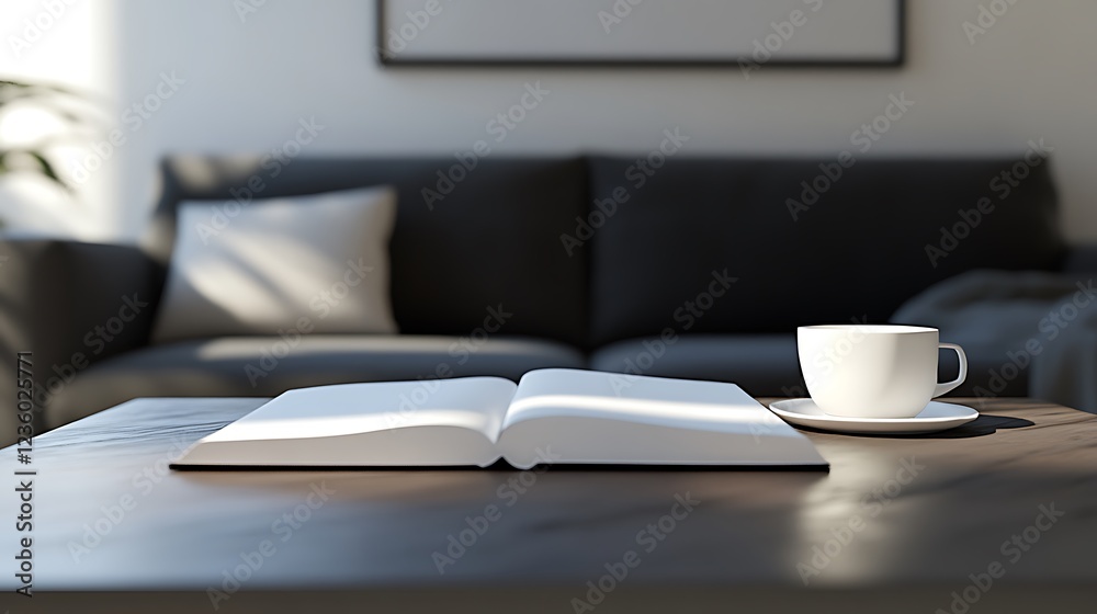 A cozy living space featuring an open book and a cup on a coffee table. A cozy living space featuring an open book and a cup on a coffee table.