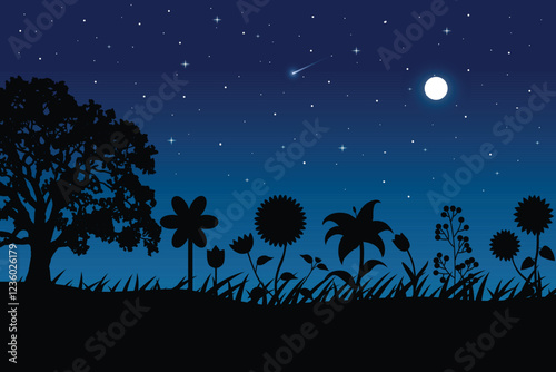 Silhouette landscape of full moon and twinkling stars above black trees