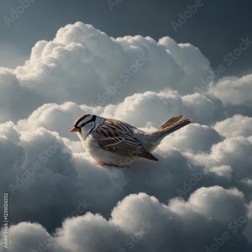 A white sparrow nestled in a soft cloud, peacefully sleeping.