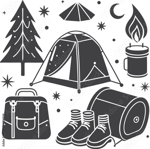 Forest camping design elements set hiking camping equipment collection. Camping, camp, trip, vacation icon set isolated on white background.