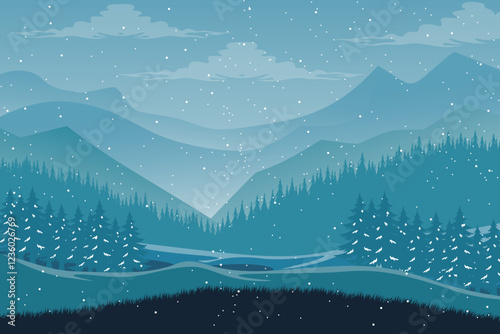 Serene Winter Wonderland, Snowy Forest Landscape wit Trees and Evergreens Under a Starry Sky