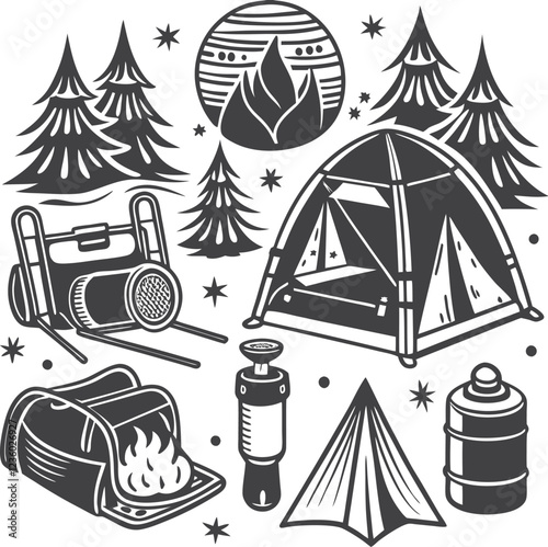 Tourist recreation location and vacation type items with campfire, roadtrip and family tour mini scene vector illustration
