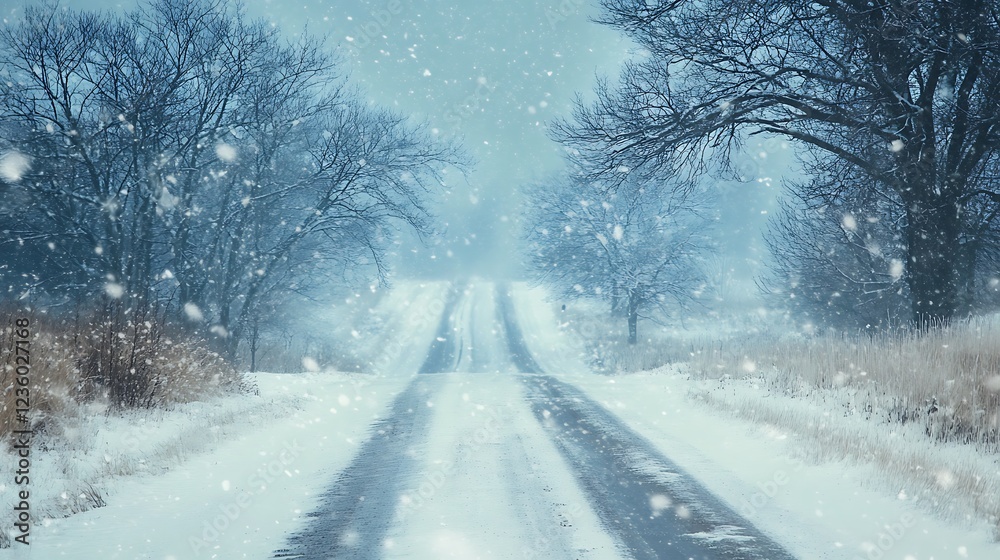 Fototapeta premium Snowy winter road through trees. Peaceful rural scene. Possible use Stock photo for winter themes