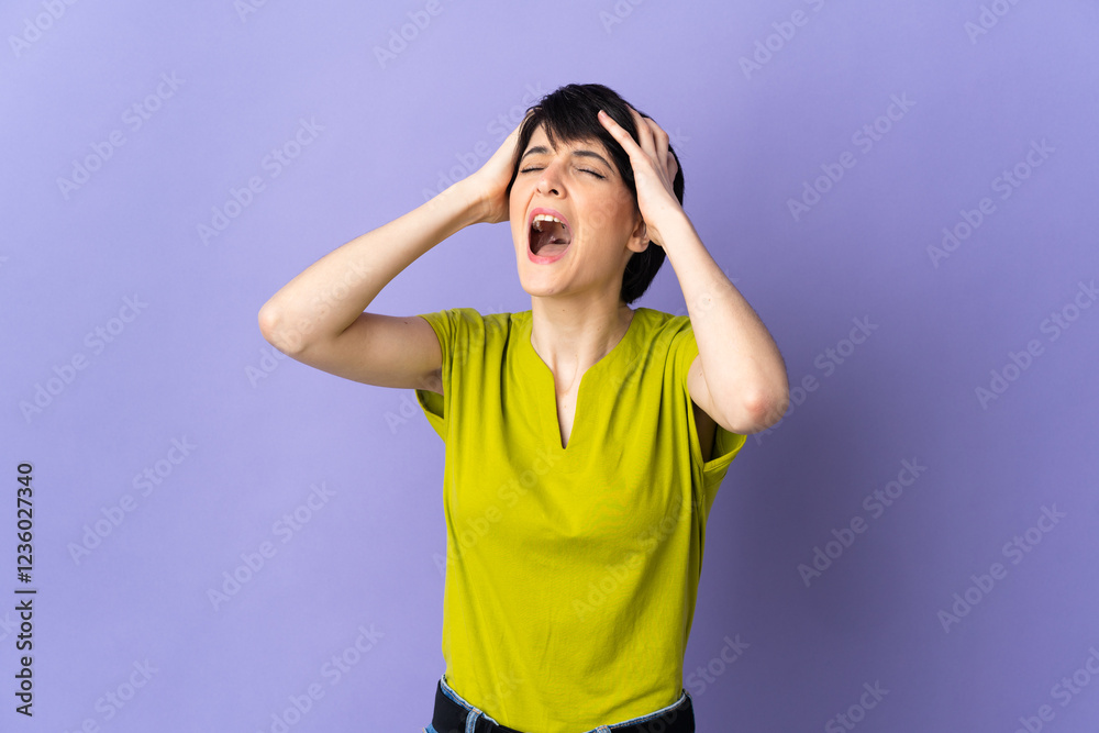 Woman with short hair isolated on purple background stressed overwhelmed Woman with short hair isolated on purple background stressed overwhelmed