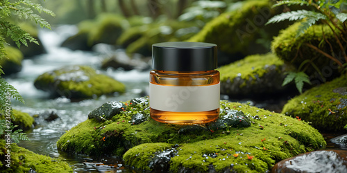 A bottle of serum sitting on a moss covered rock in a stream.