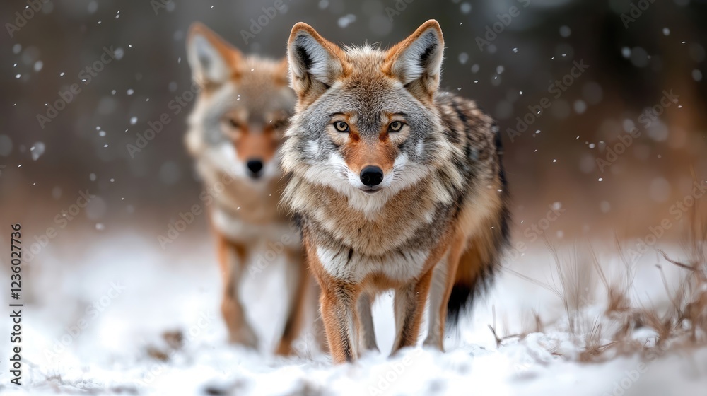 Fototapeta premium Coyotes in snowy woods, winter wildlife